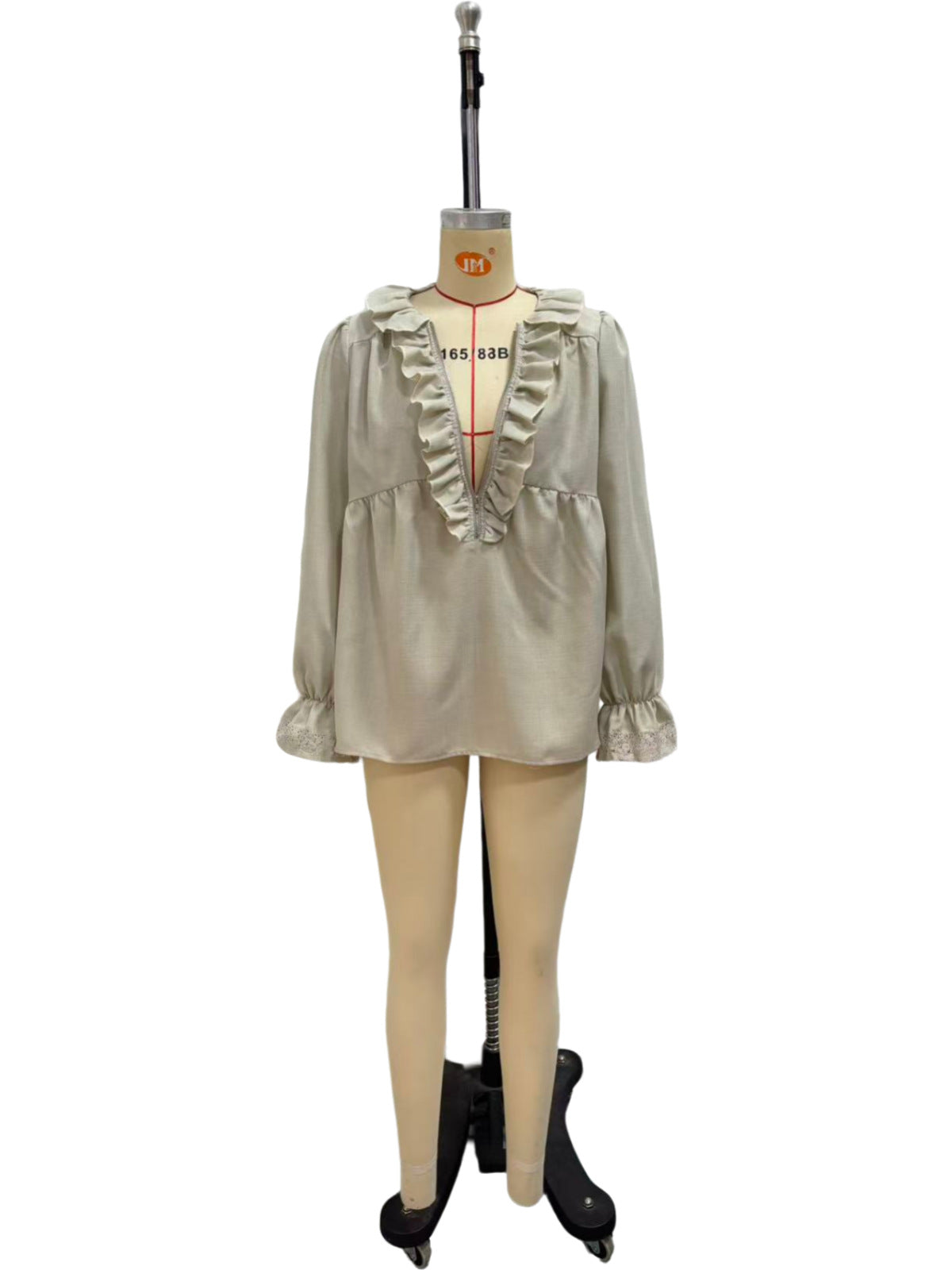 Plush Fashion Hub lotus leaf edge half zipper V-neck lace long-sleeve blouse with flared sleeves, stylish and elegant for women.