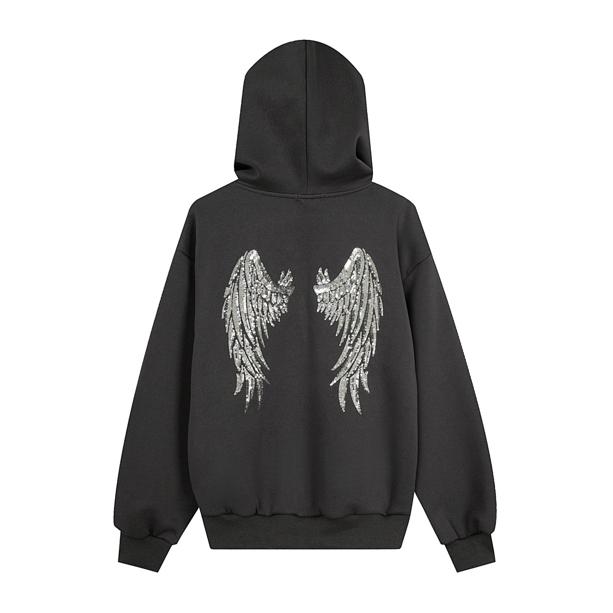 Back view of a black hooded sweatshirt with large silver sequined angel wings on the back.
