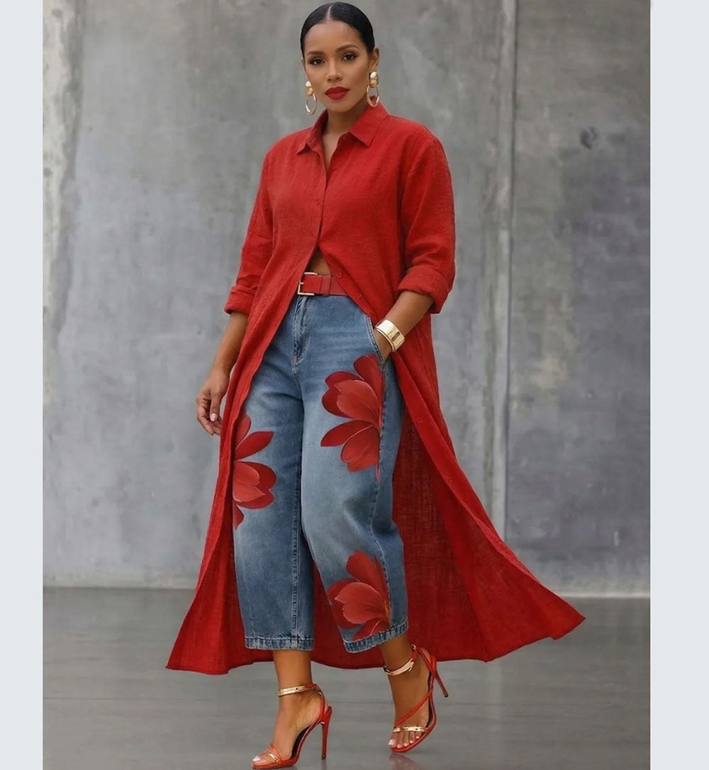 Women’s floral printed cropped denim jeans by Plush Fashion Hub, featuring a street style design and vibrant floral pattern.