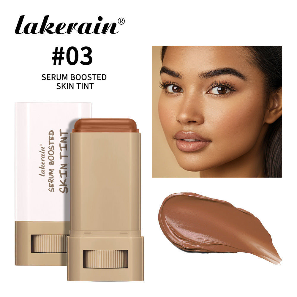 Lakerain skin tint stick in shade 03, tan brown, matte plastic packaging, with a swatch and a model wearing the product.