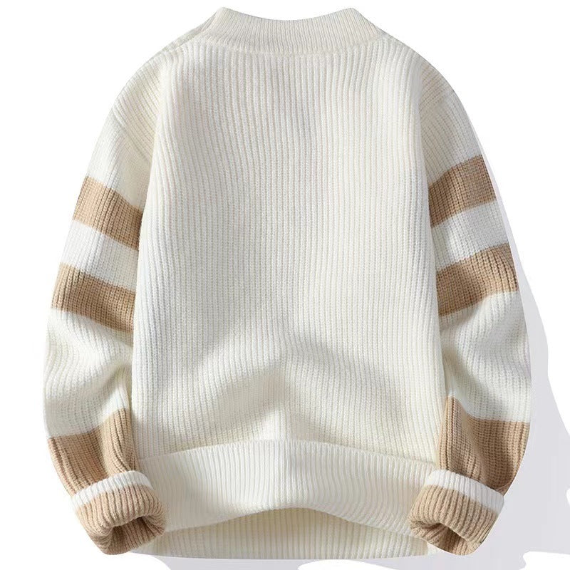 White knit mock-neck sweater with ribbed texture, featuring tan horizontal stripes on sleeves.