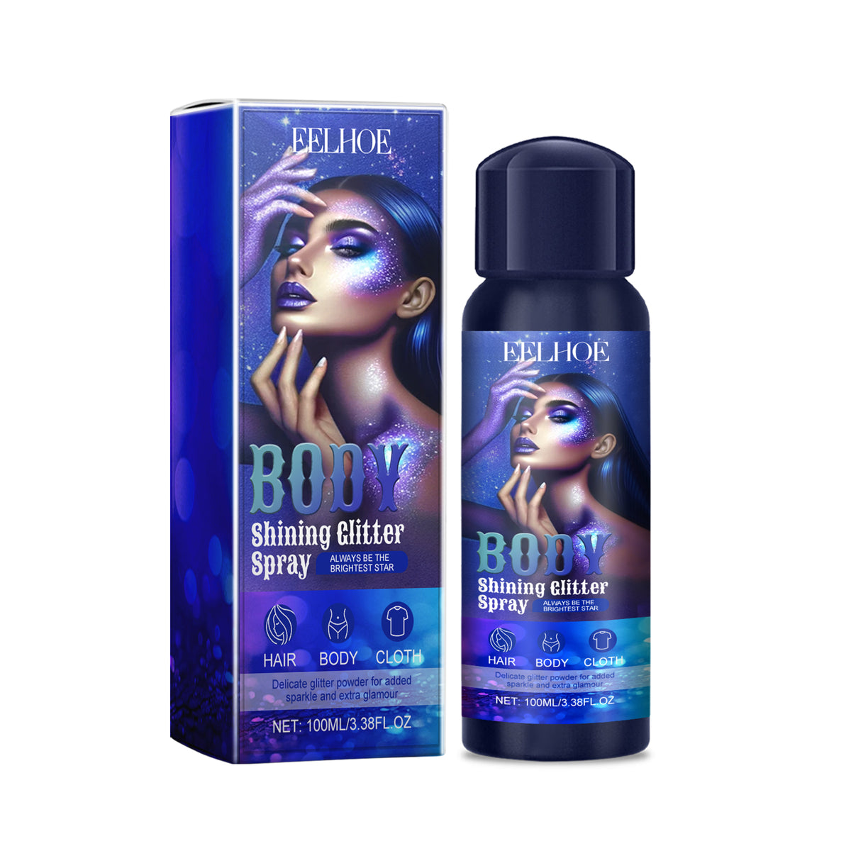 Blue Eeelhoe body shining glitter spray bottle and packaging featuring woman graphics and text.
