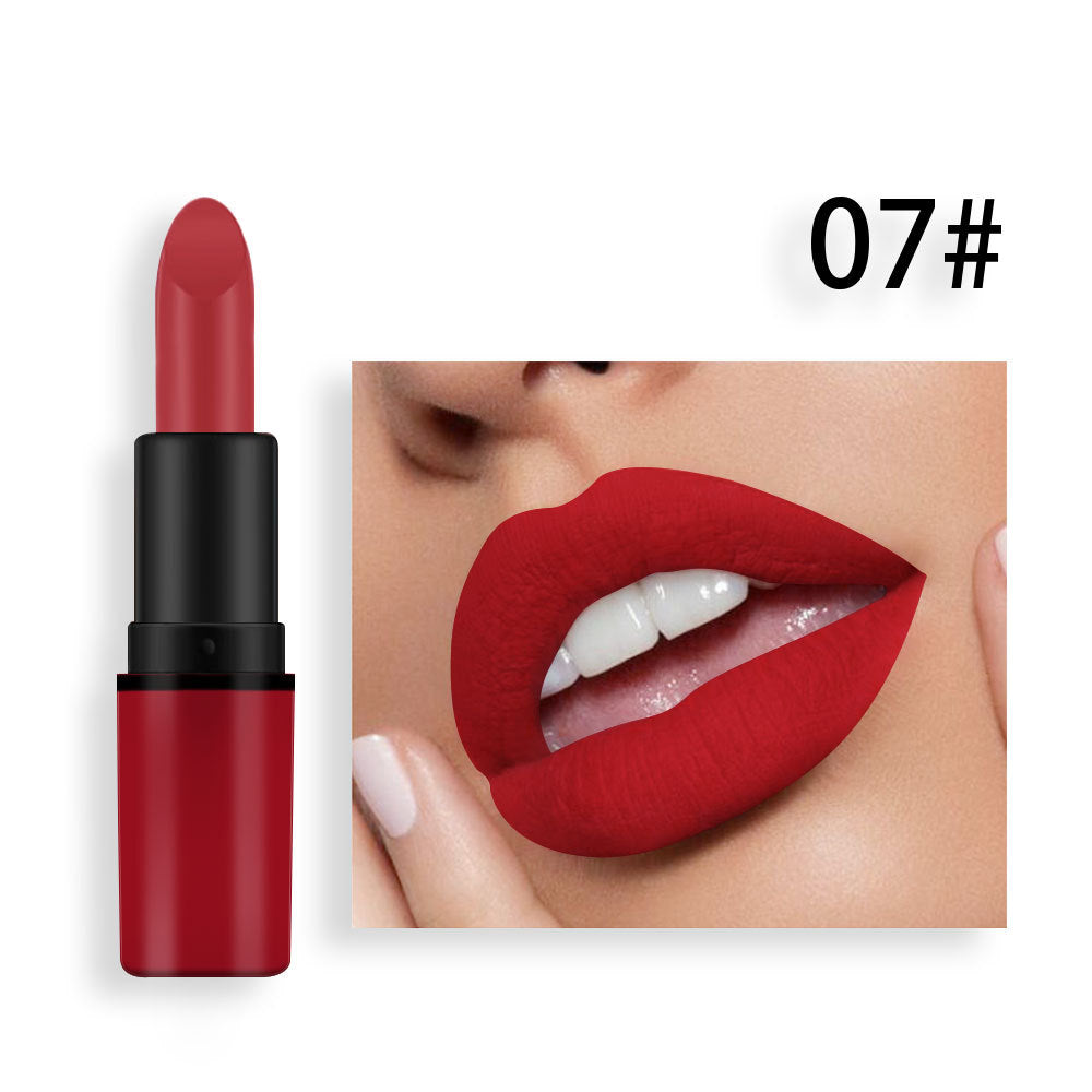 Red lipstick with black and red tube and 07# label next to woman wearing the same red matte lipstick.