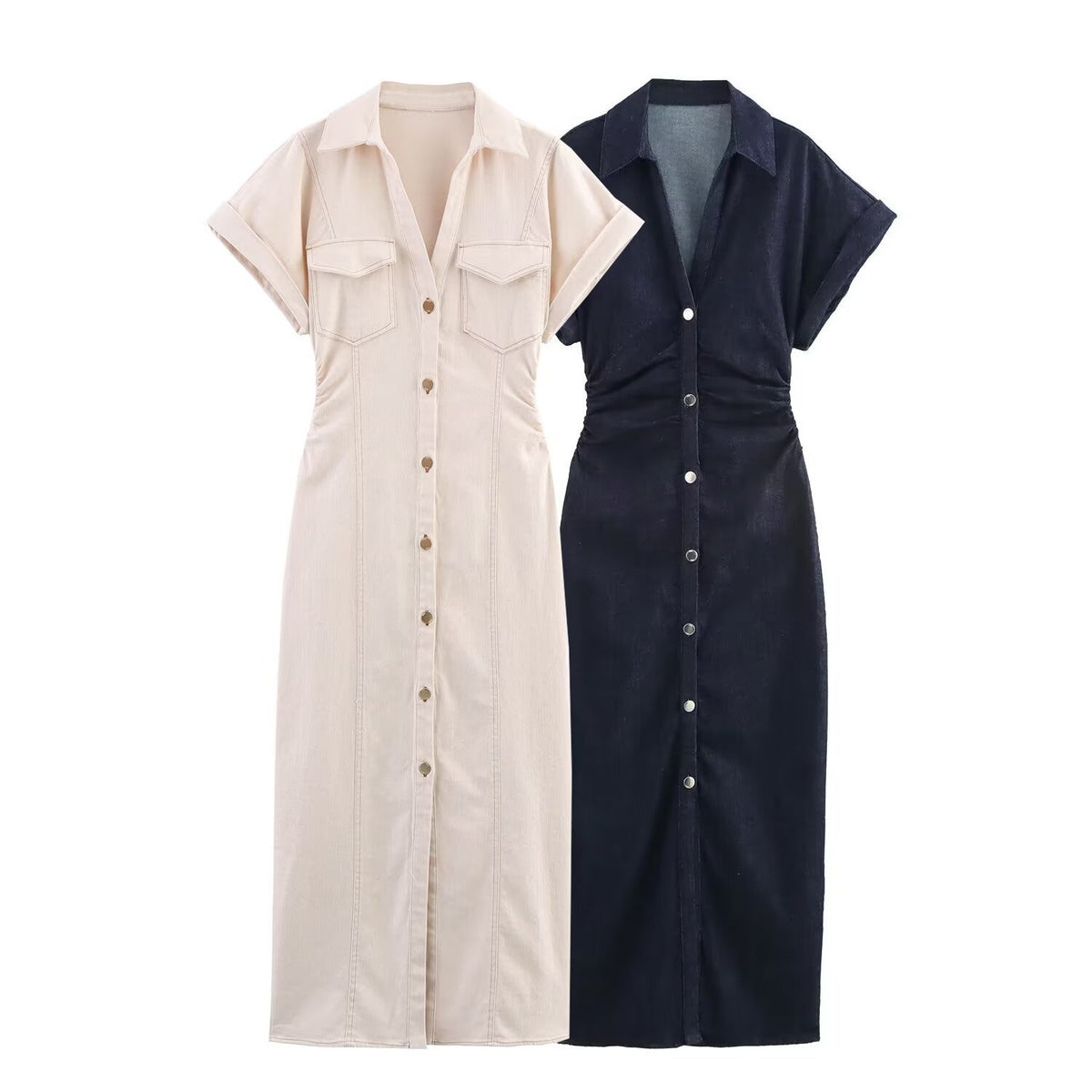 Two denim shirt dresses with short sleeves, lapel collars, button fronts, and ruched waists in beige and dark blue.