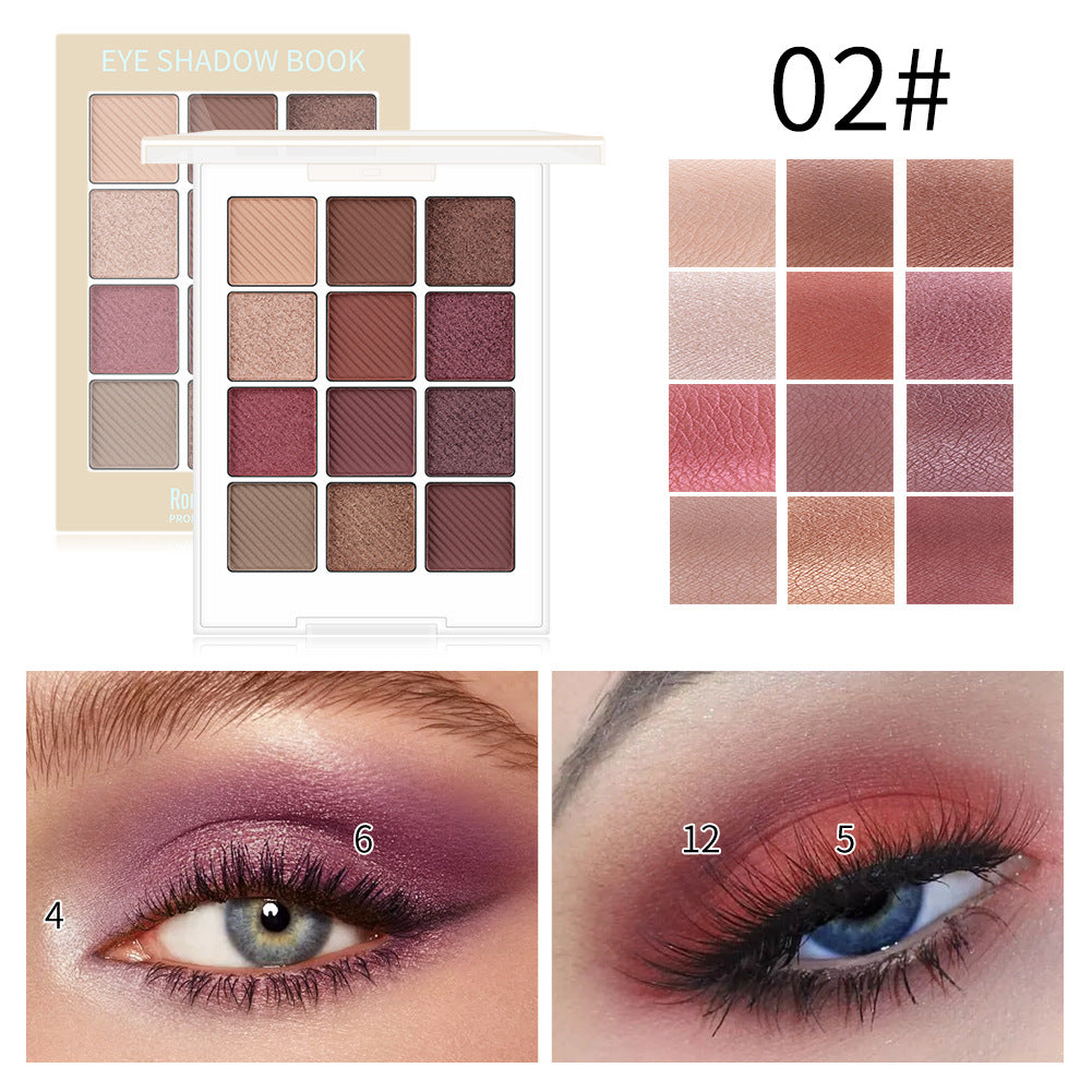 A white plastic 12-shade eyeshadow palette with neutral and pink tones, showing swatches and eye makeup looks.