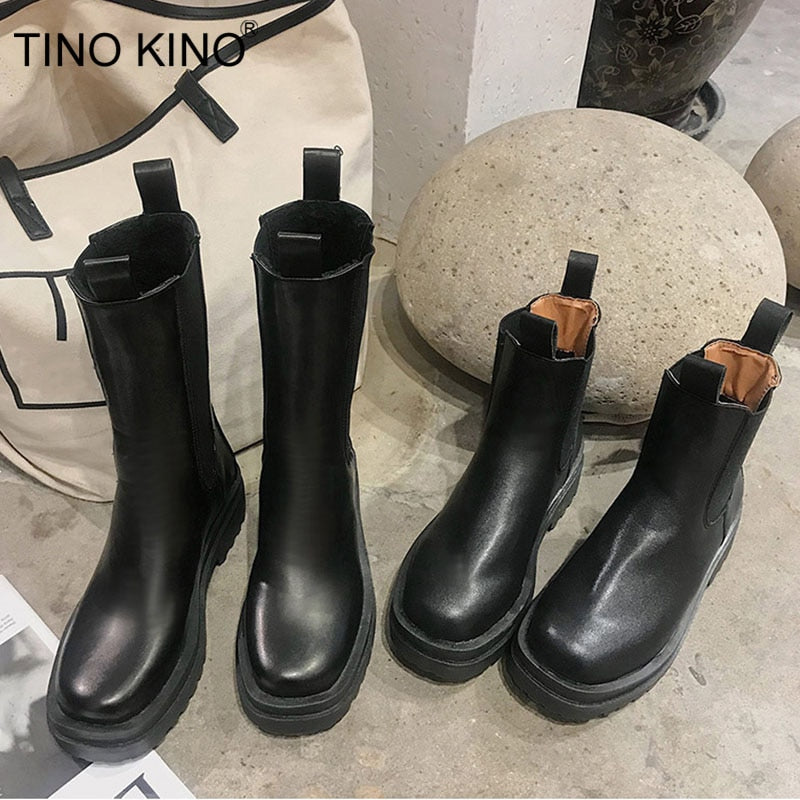 Black faux leather lug-sole boots in mid-calf and ankle styles with pull tabs.