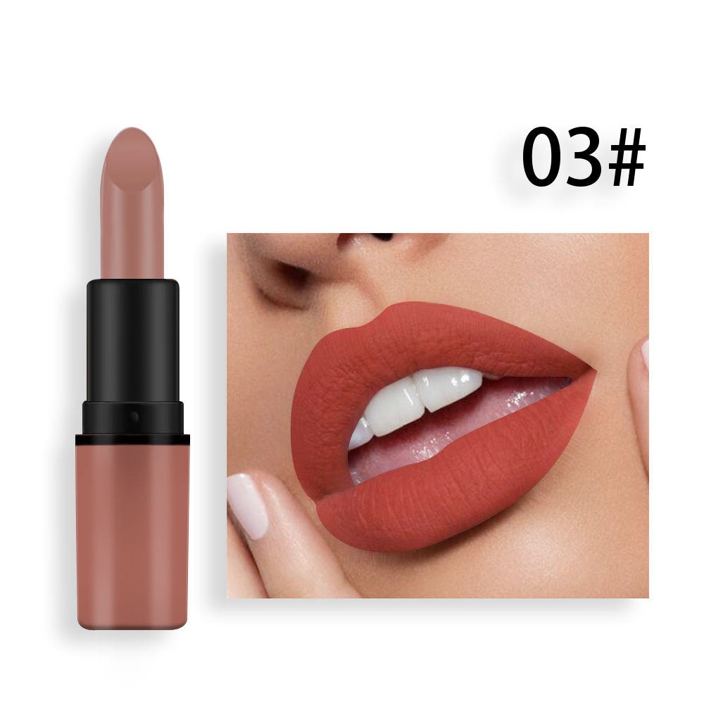 Matte nude lipstick in 03# shade shown with a tube and a swatch on lips.