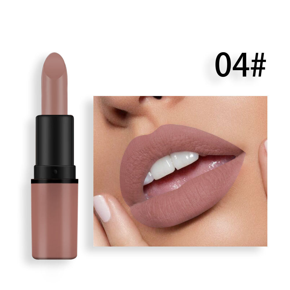 Matte mauve lipstick in a black and matching pink tube, paired with a swatch image of lips wearing the shade.