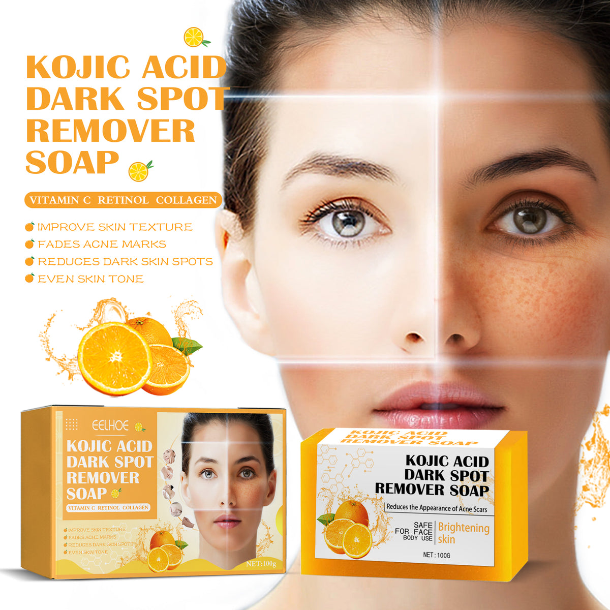 Yellow Kojic acid dark spot remover soap packaging with orange graphics and text on the box next to the soap bar.