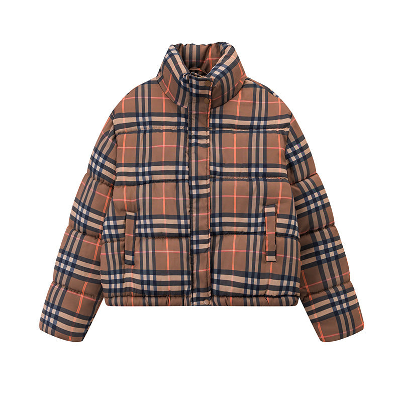 Brown plaid short puffer jacket with a high collar and vertical pockets, displayed flat.