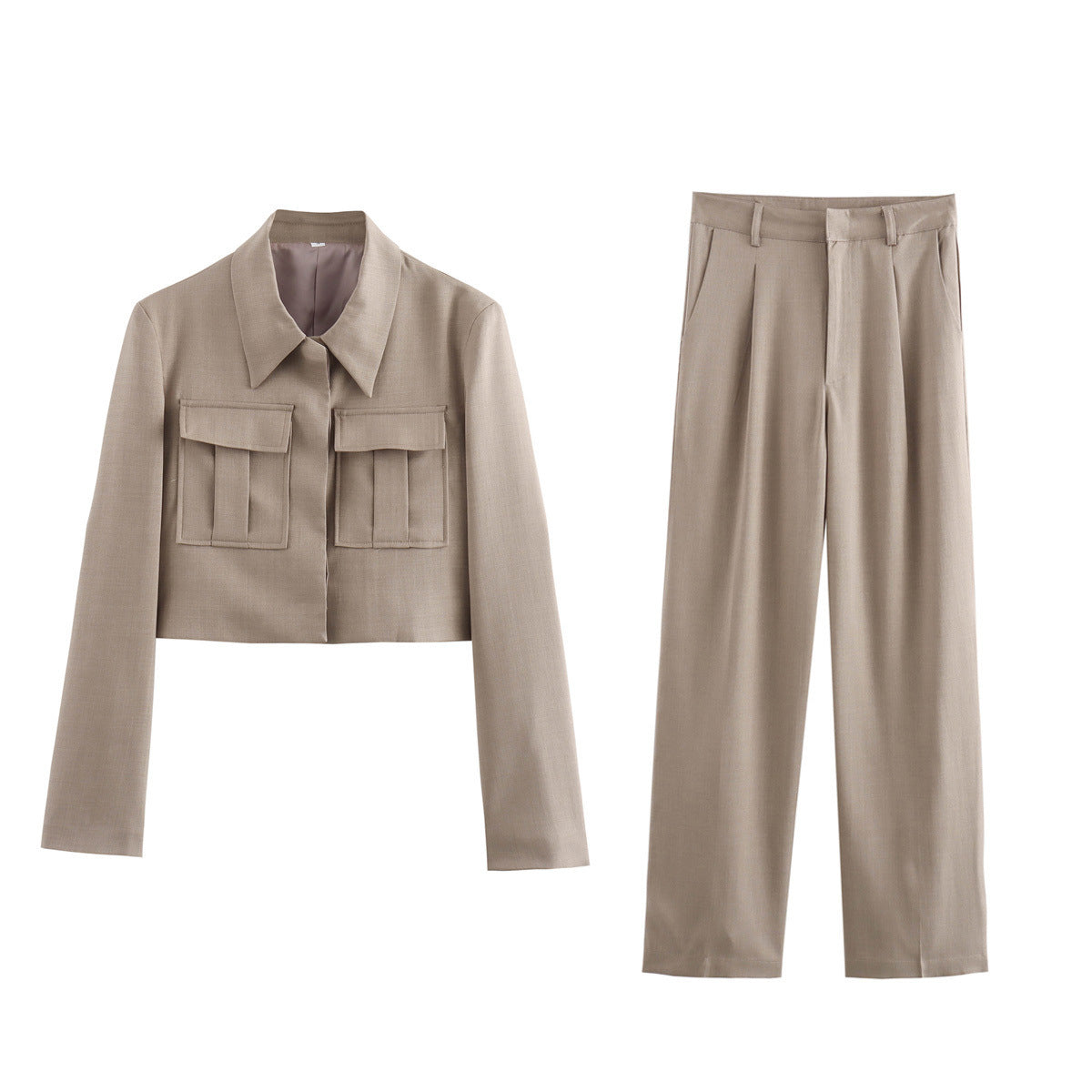 Women's fashion short jacket suit with long pants, stylish eprolo women's pant suit, black tailored outfit for chic look.