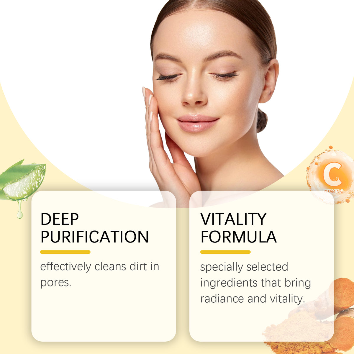 Woman with glowing skin touches her cheek, alongside text boxes for "Deep Purification" and "Vitality Formula."