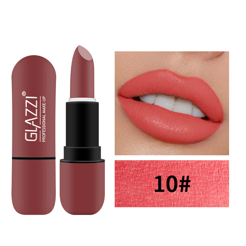 Glazzi matte lipstick in shade 10, muted red, with tube and swatch swatch showing coral-red color on lips.
