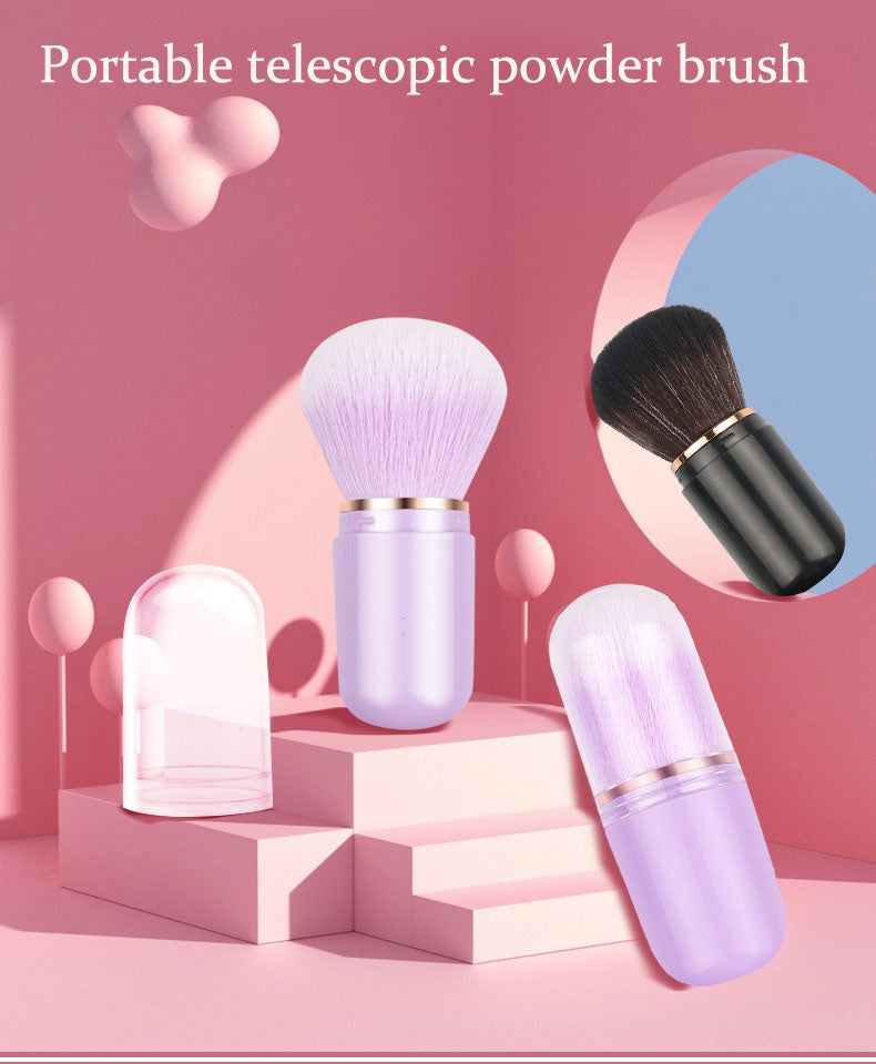 Light purple and black portable telescopic powder brushes with synthetic bristles and smooth metal handles.