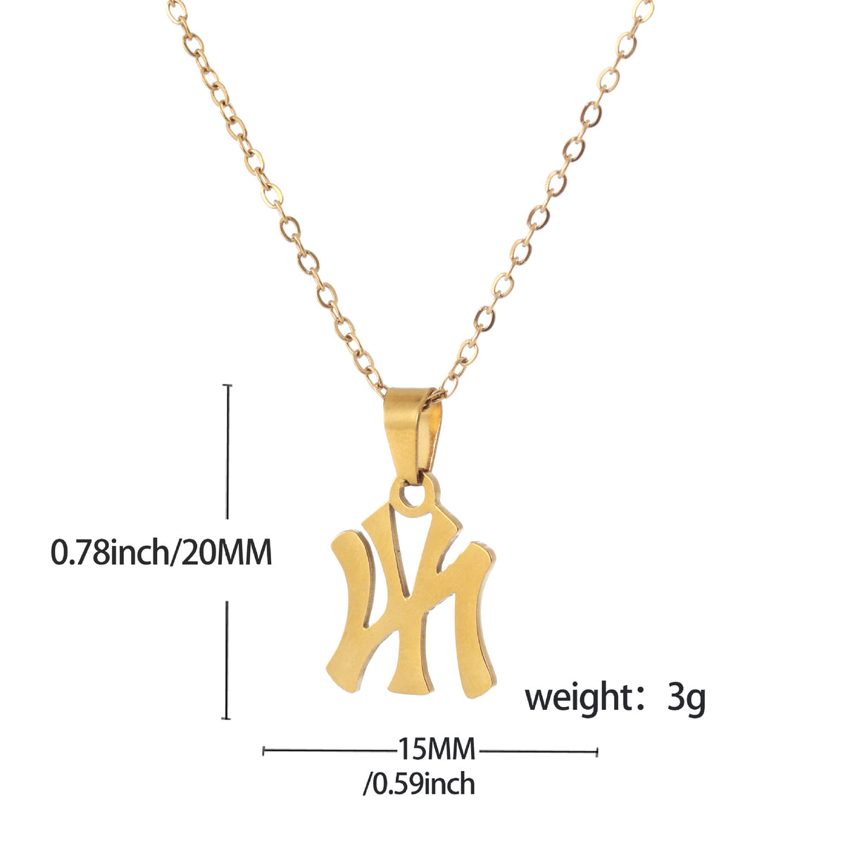 Gold-colored metal chain necklace featuring an NY Yankees logo pendant, with dimension markers for 20mm by 15mm.