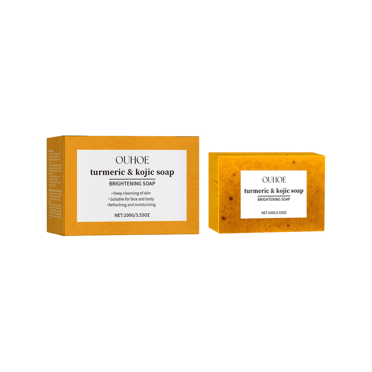 OUHOE turmeric and kojic soap bar and yellow cardboard box with white product labels and black text.