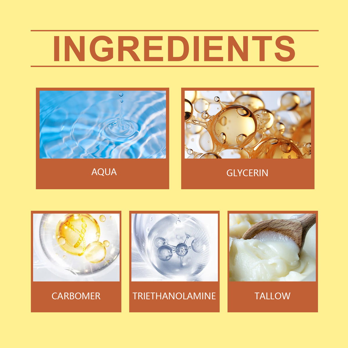 An ingredients infographic lists Aqua, Glycerin, Carbomer, Triethanolamine, and Tallow with corresponding visual icons.