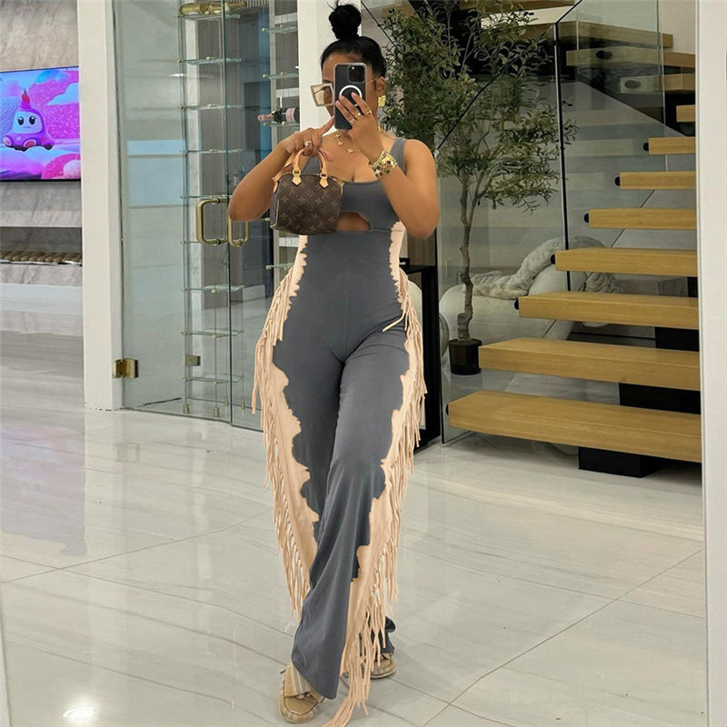 Plush Fashion Hub sleeveless tassel jumpsuit with playful tassel details, stylish playsuit perfect for casual summer wear.