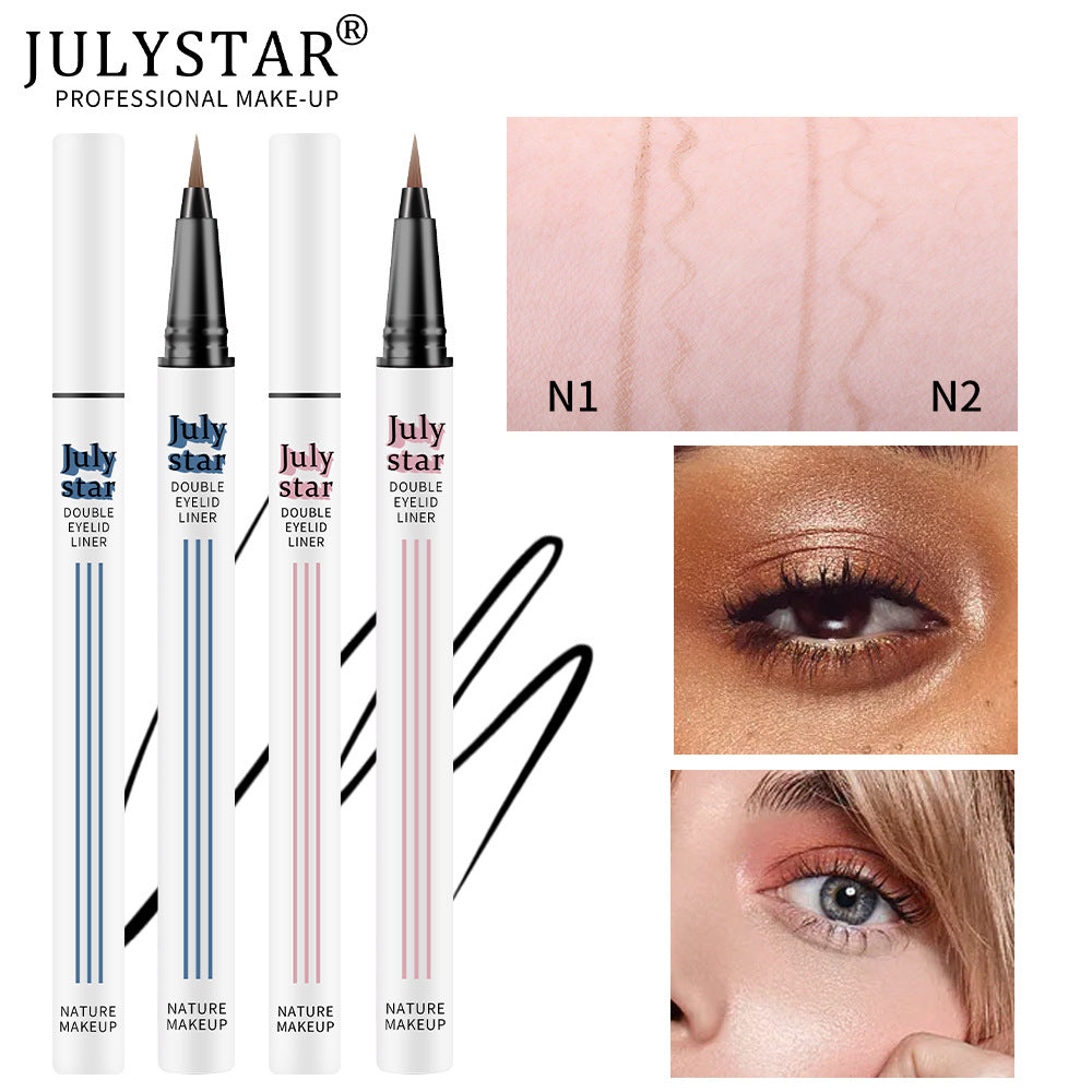 Two white plastic double-eyelid pens with blue and pink accents, showing swatches and makeup on eyes.