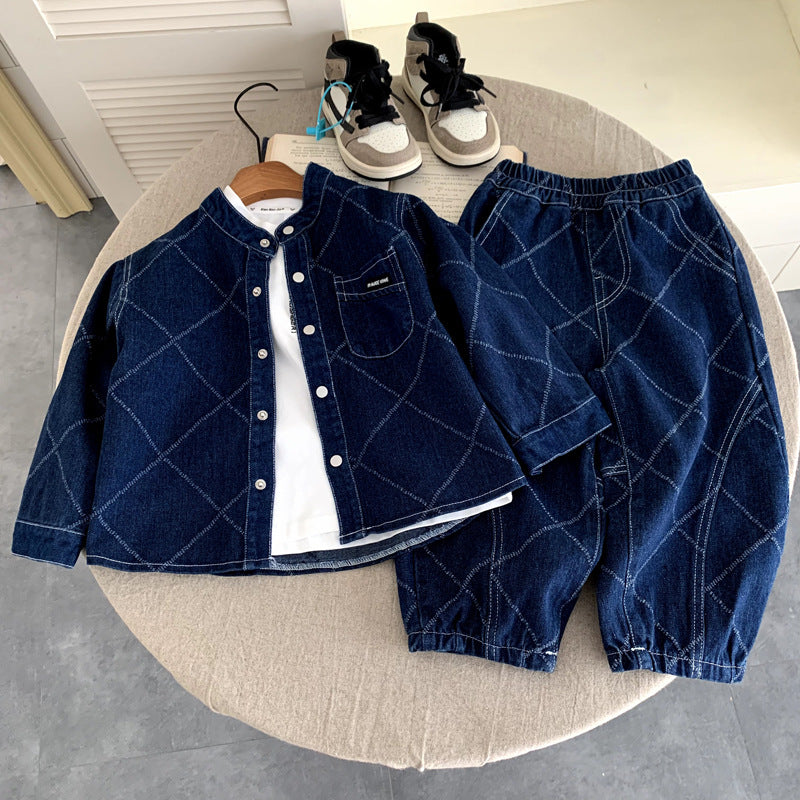 Dark blue quilted denim set with jacket and matching pants, plus a white t-shirt.