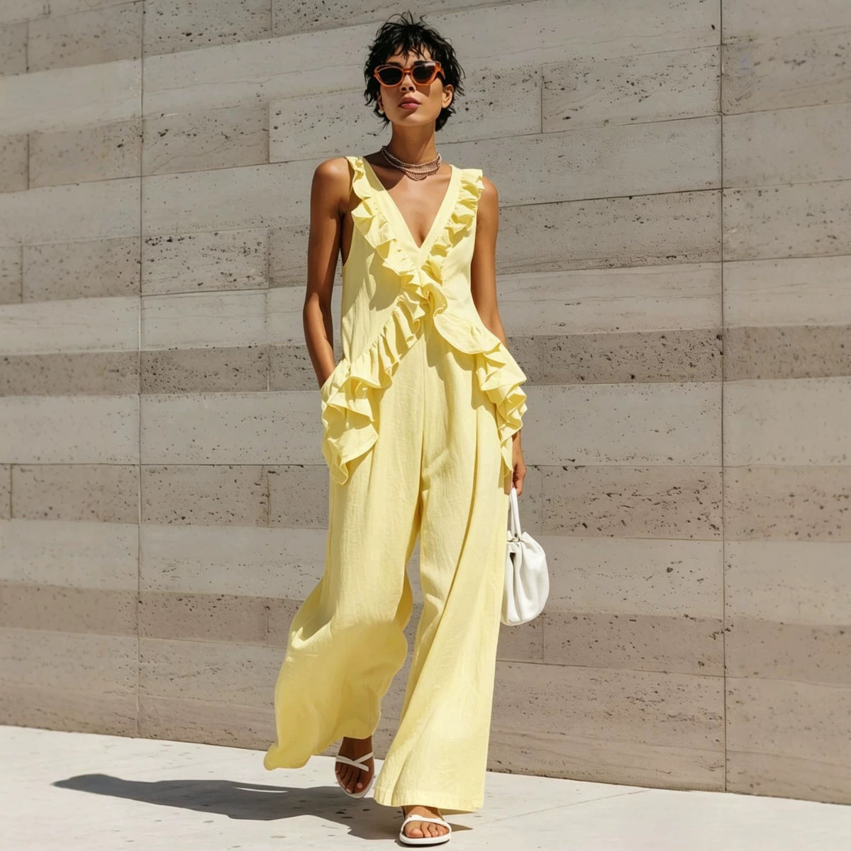 Eprolo women's sleeveless V-neck solid color jumpsuit with casual vacation style, displayed on a model.