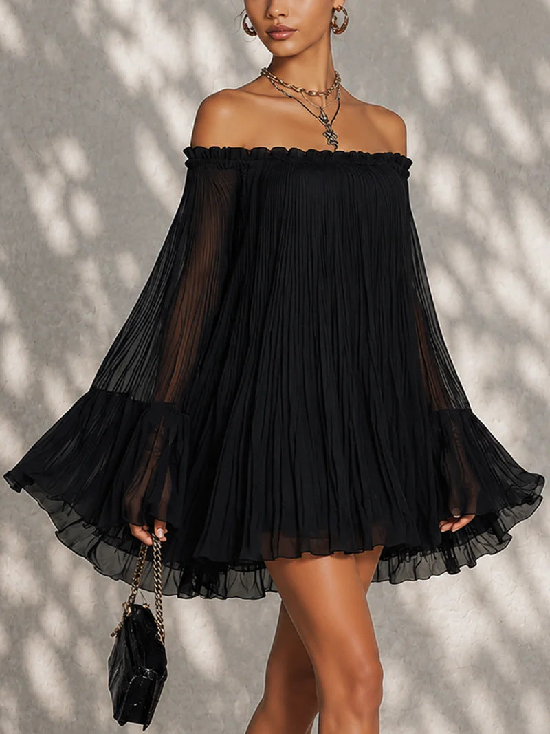 Elegant black off-shoulder backless mini dress by eprolo featuring pleated lantern sleeves and a stylish, modern design.
