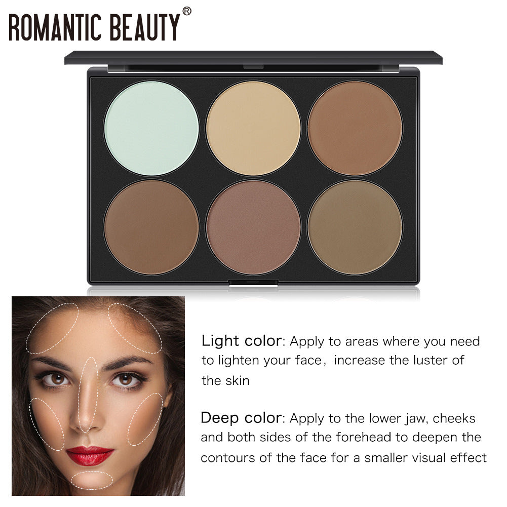 Romantic Beauty 6-color powder contour palette in a black rectangular case, with an application guide below.
