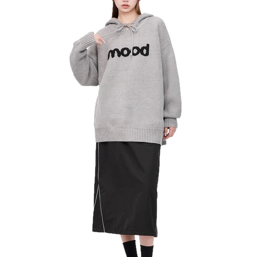 Gray knit hoodie with black "mood" text, long sleeves, drawstring hood, ribbed hem, and cuffs.