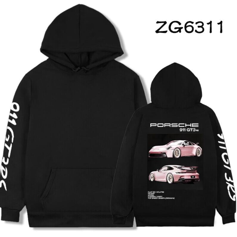 A black long-sleeve hoodie featuring a Porsche graphic on the back and text on the sleeves.