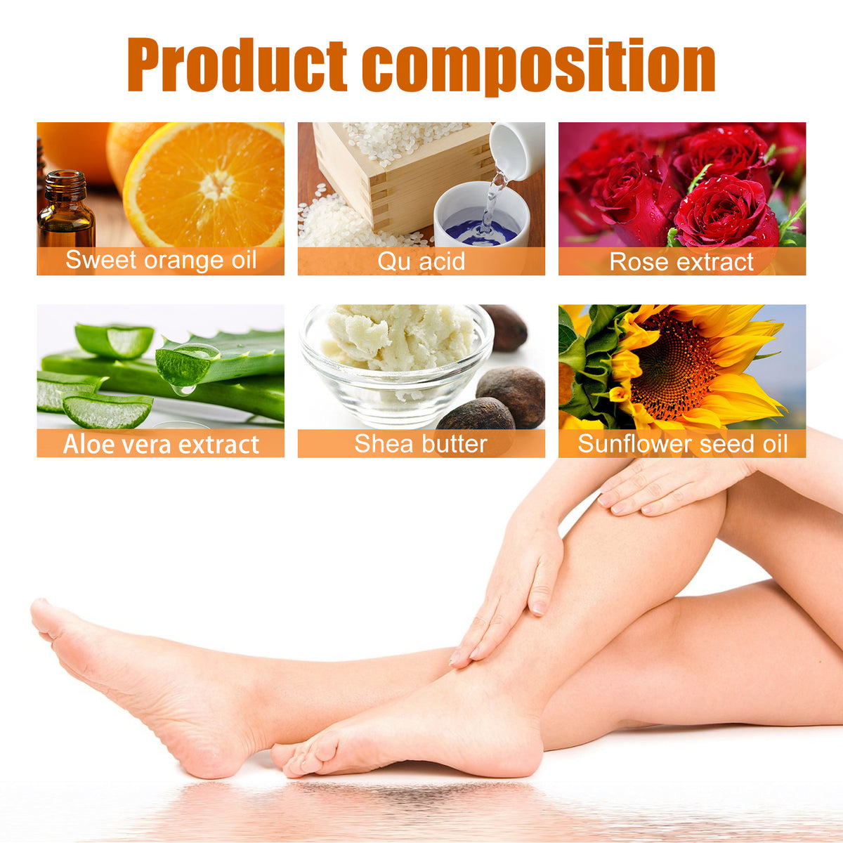 Infographic showing product composition with orange, rice, roses, aloe, shea butter, and sunflower oil, plus legs.