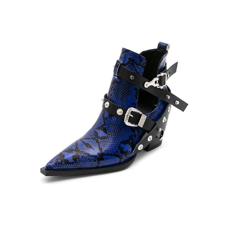 Blue snakeskin print leather bootie with pointed toe, cutout sides, and black buckled straps.