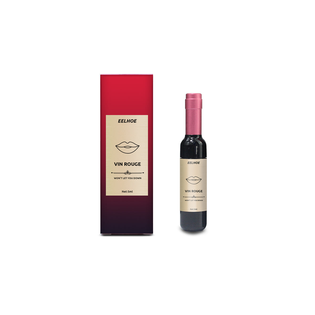Vin Rouge lip tint glass bottle and matching red gradient cardboard box with gold labels showing lips graphic.