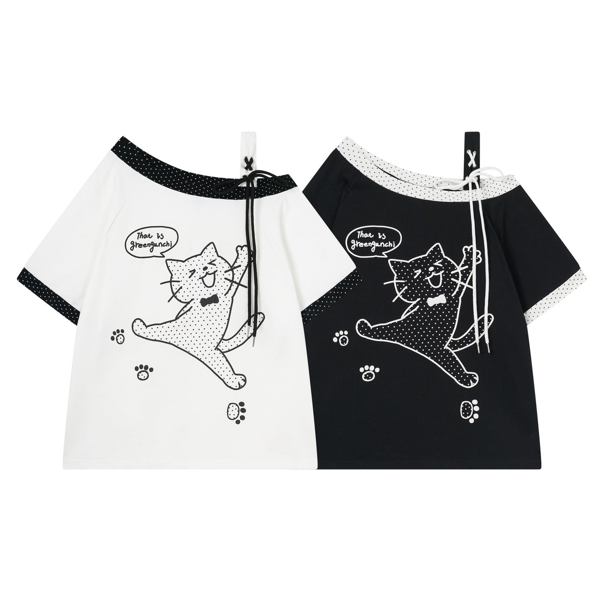 Slim fit eprolo shoulder T-shirt with polka dot splicing and drawstring detail, casual style, front view.