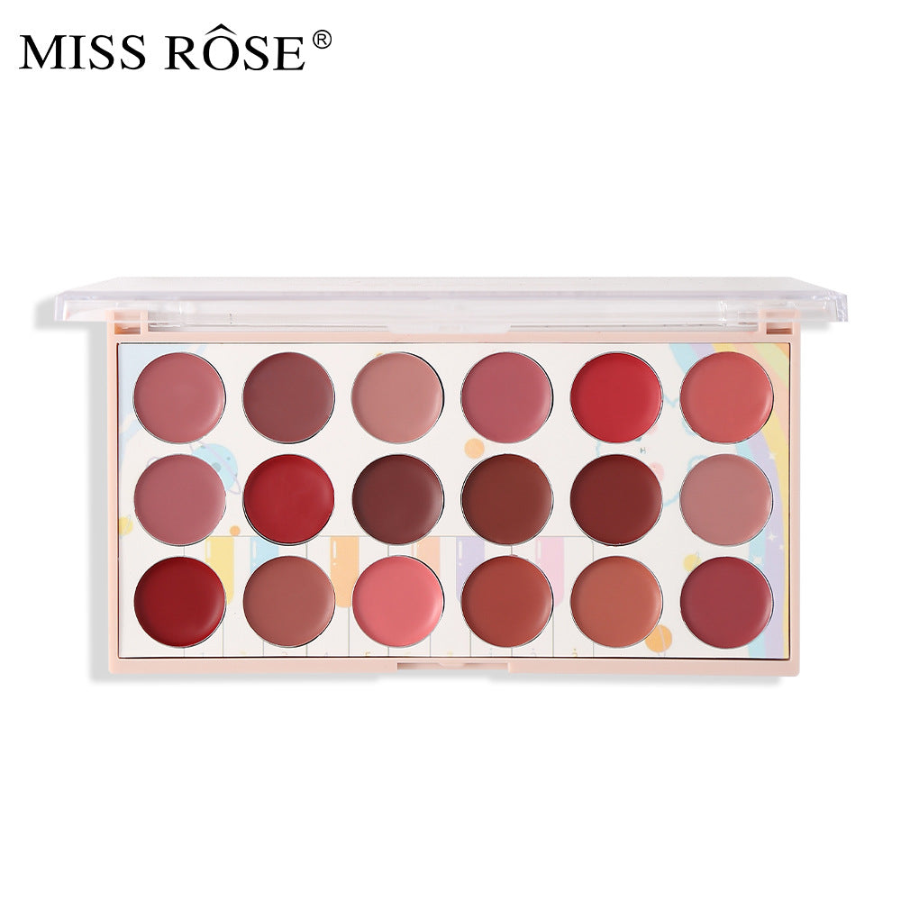 Miss Rose pink plastic makeup palette featuring 18 round pans of various pink, red, and nude lipstick shades.