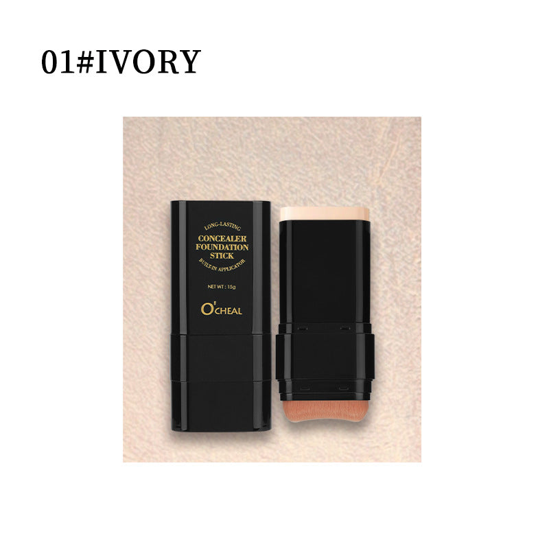 01# Ivory concealer foundation stick in a black plastic case with gold text and a built-in sponge applicator.