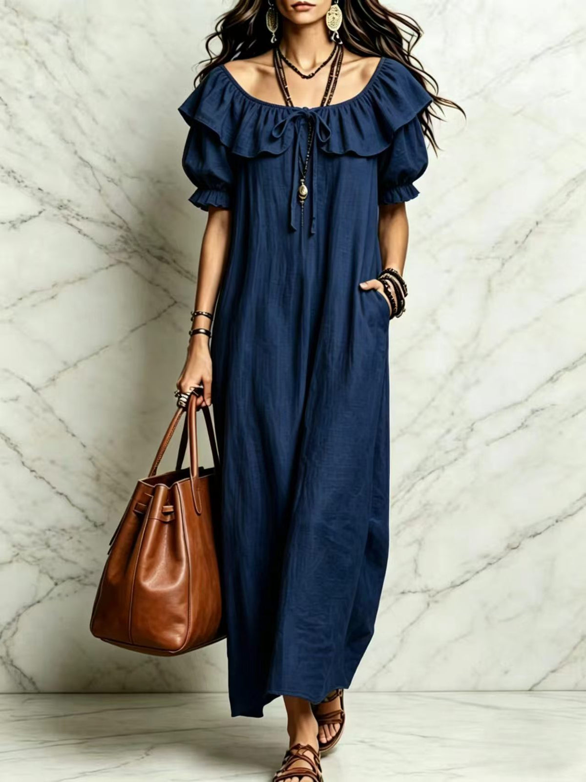 Eprolo women's casual elegant round neck ruffle beach vacation dress, lightweight and stylish for summer outings.