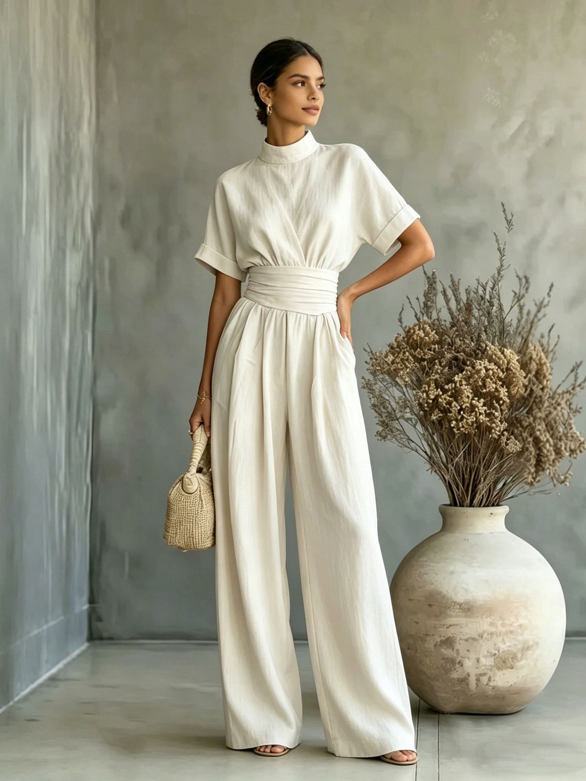 Eprolo half high neck short-sleeve wide-leg jumpsuit displayed on a model, featuring a stylish and comfortable design.