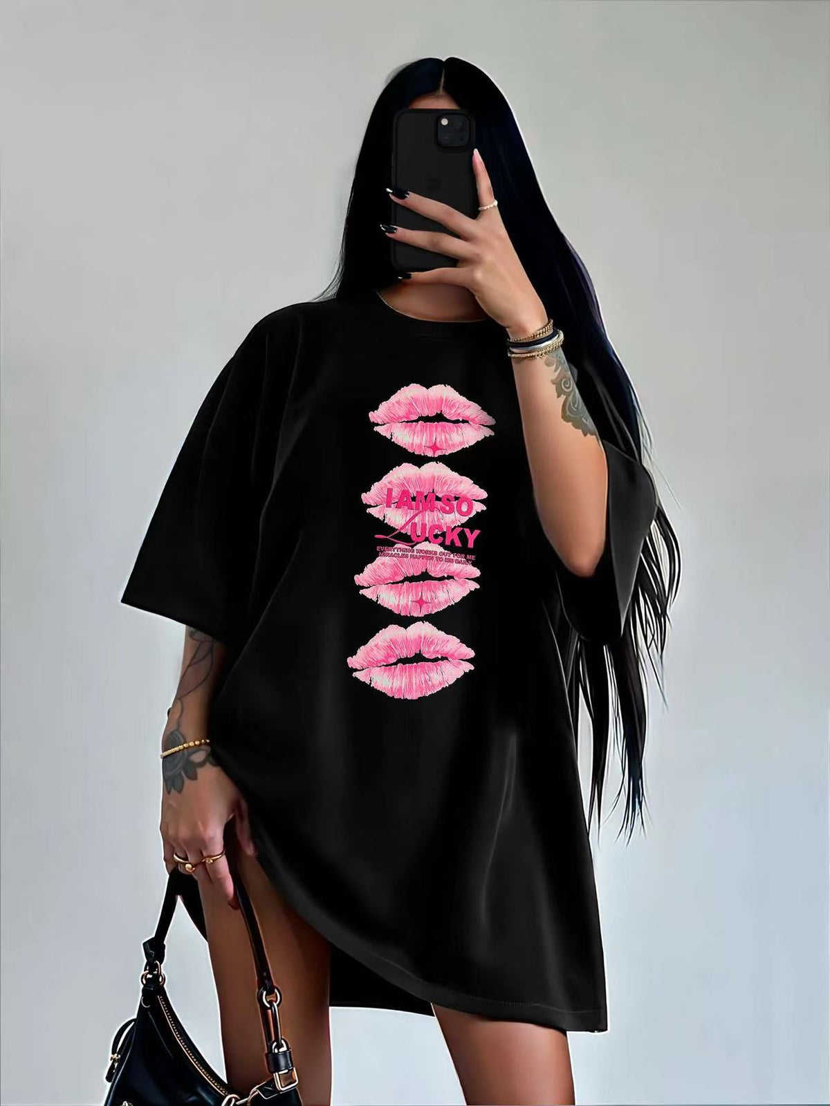 Women’s black cotton T-shirt with lip print, short sleeve, loose fit from Plush Fashion Hub.