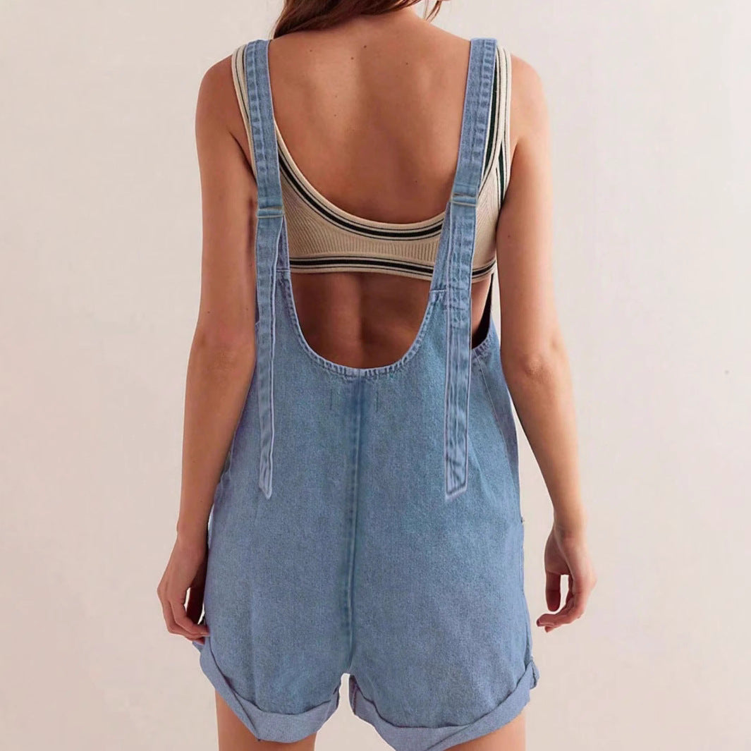 Eprolo women's denim overalls shorts, summer loose jumpsuits, casual fashion with adjustable straps and rolled hem detail.