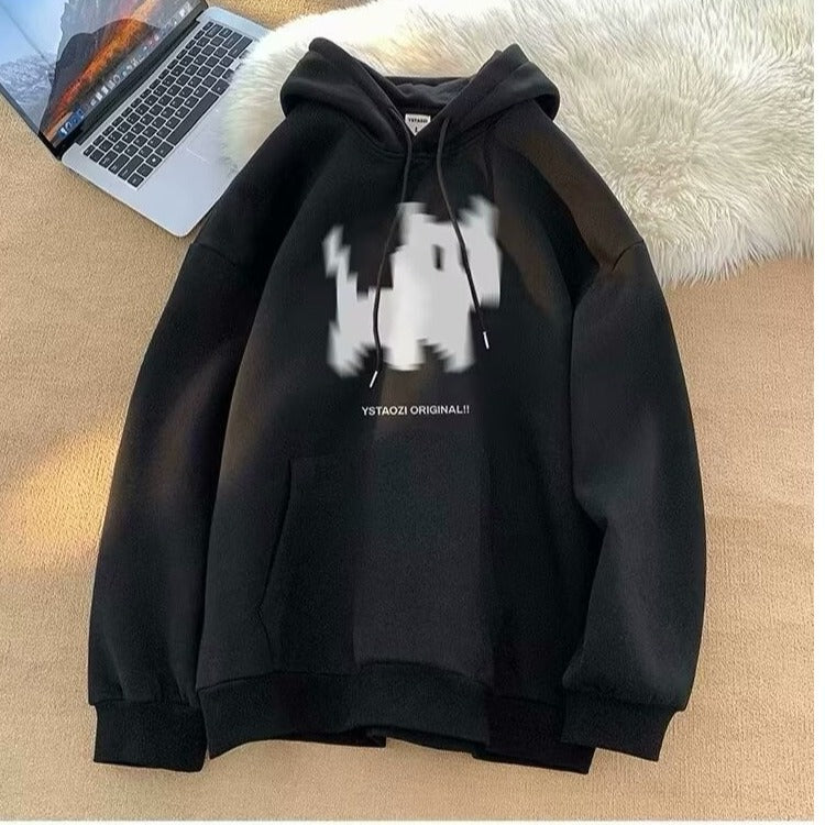 Black fleece hoodie with a white pixelated dog graphic, pocket, and drawstring hood.