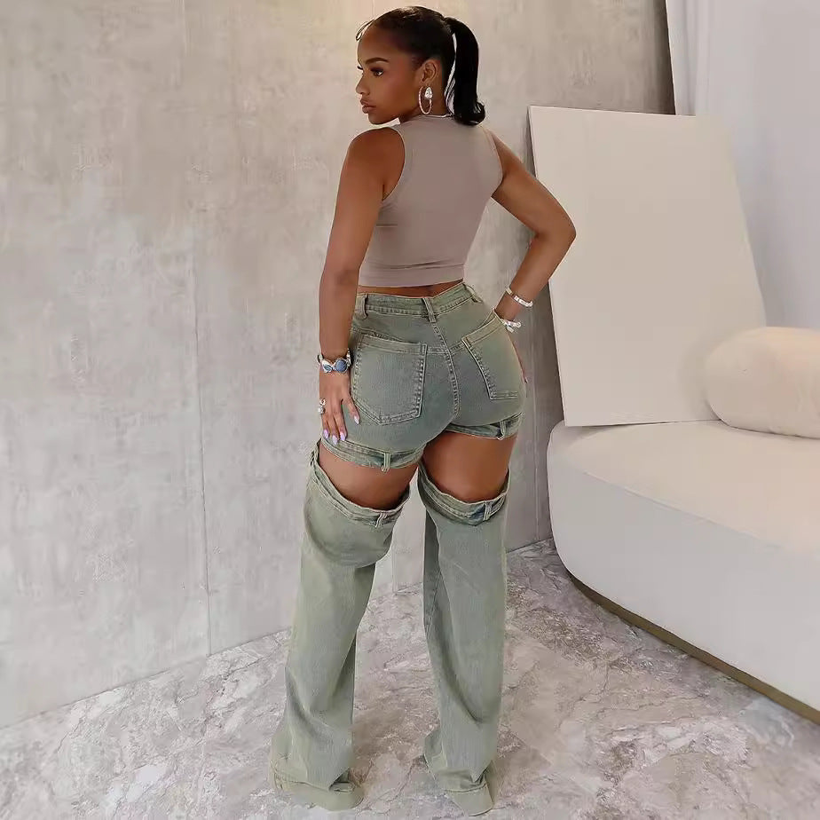 Women’s vintage washed cut-out wide-leg denim jeans by Plush Fashion Hub, showcasing distressed details and relaxed fit.