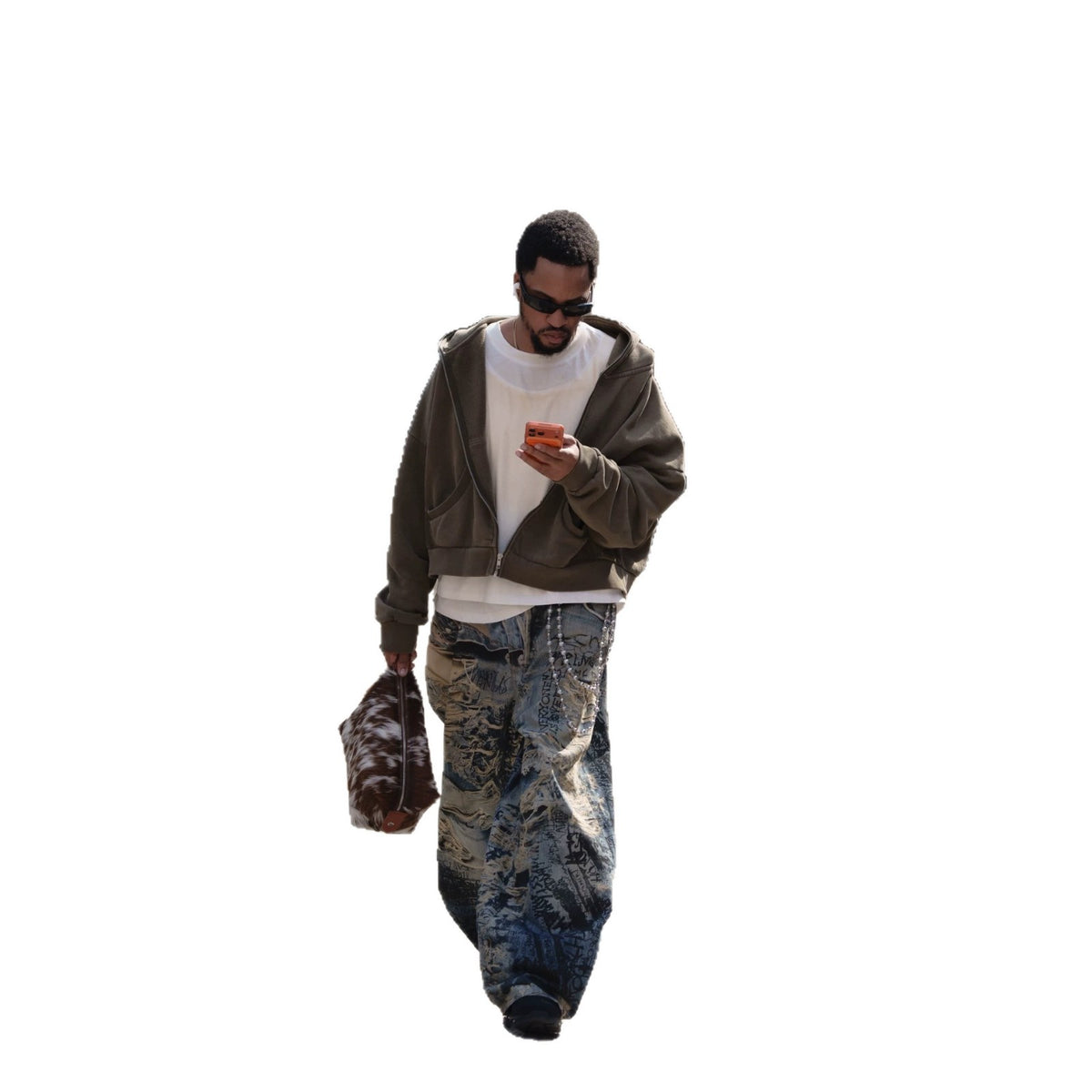 Men's streetwear graffiti distressed 3D print straight leg jeans by eprolo with bold graffiti design and ripped details.