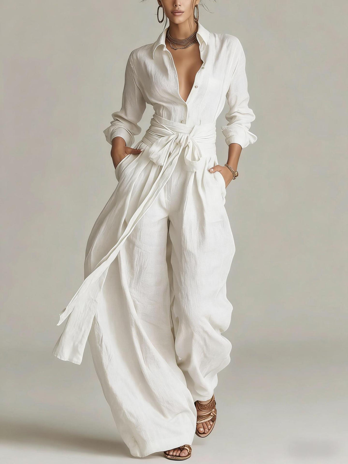 Solid color collar top and high-waisted pants two-piece outfit set by Plush Fashion Hub, shown on a model.