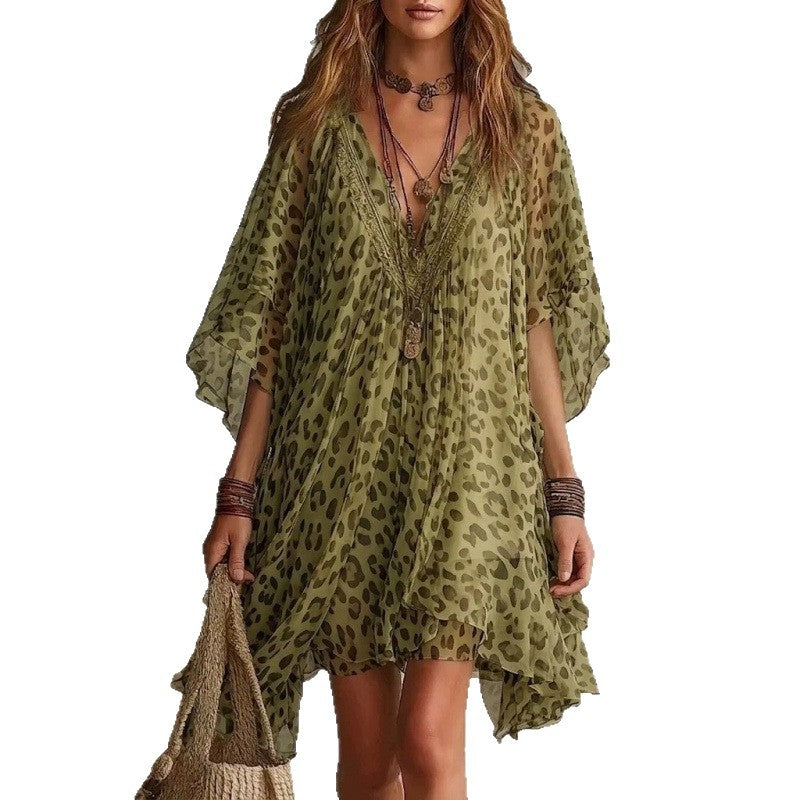 Eprolo V-neck chiffon beach dress with leopard print, featuring a cover shirt and a flowy beach skirt for vacation style.