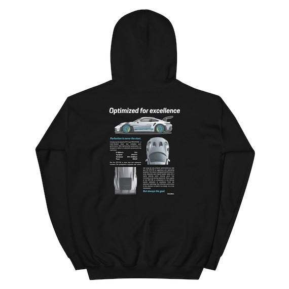 Back view of a black hoodie with car graphics and text on the back.