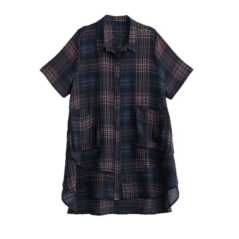 Blue, red, and black plaid short-sleeve button-down shirt with front pockets and high-low hem.