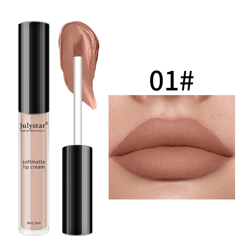 Julystar soft matte lip cream in shade 01#, a light brown color with a smooth texture shown on lips.