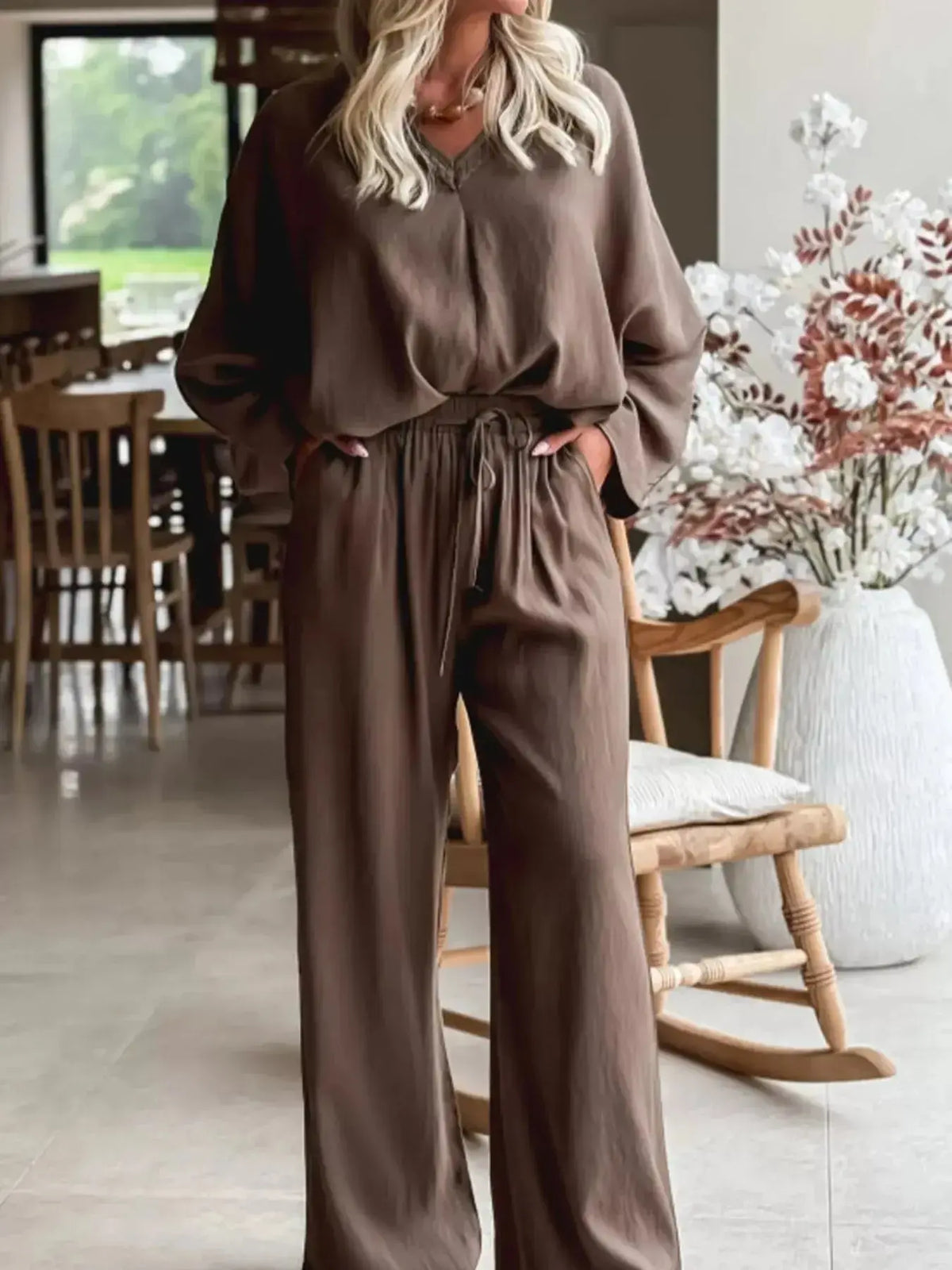 Plush Fashion Hub braided V-neck long sleeve top and high-waist pants lounge set, casual and stylish for relaxed wear.