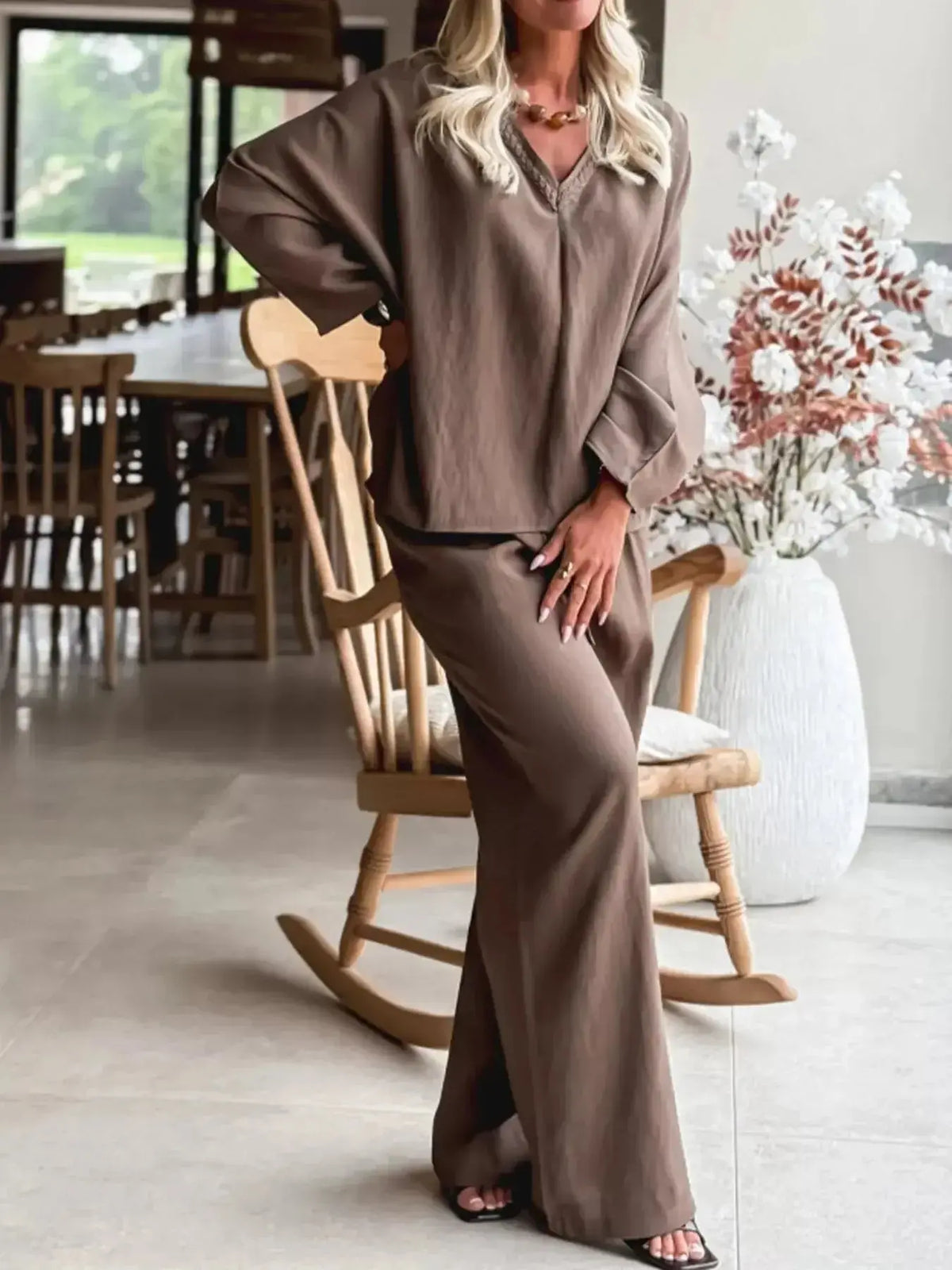 Plush Fashion Hub braided V-neck long sleeve top and high-waist pants lounge set, cozy and stylish for relaxed wear.