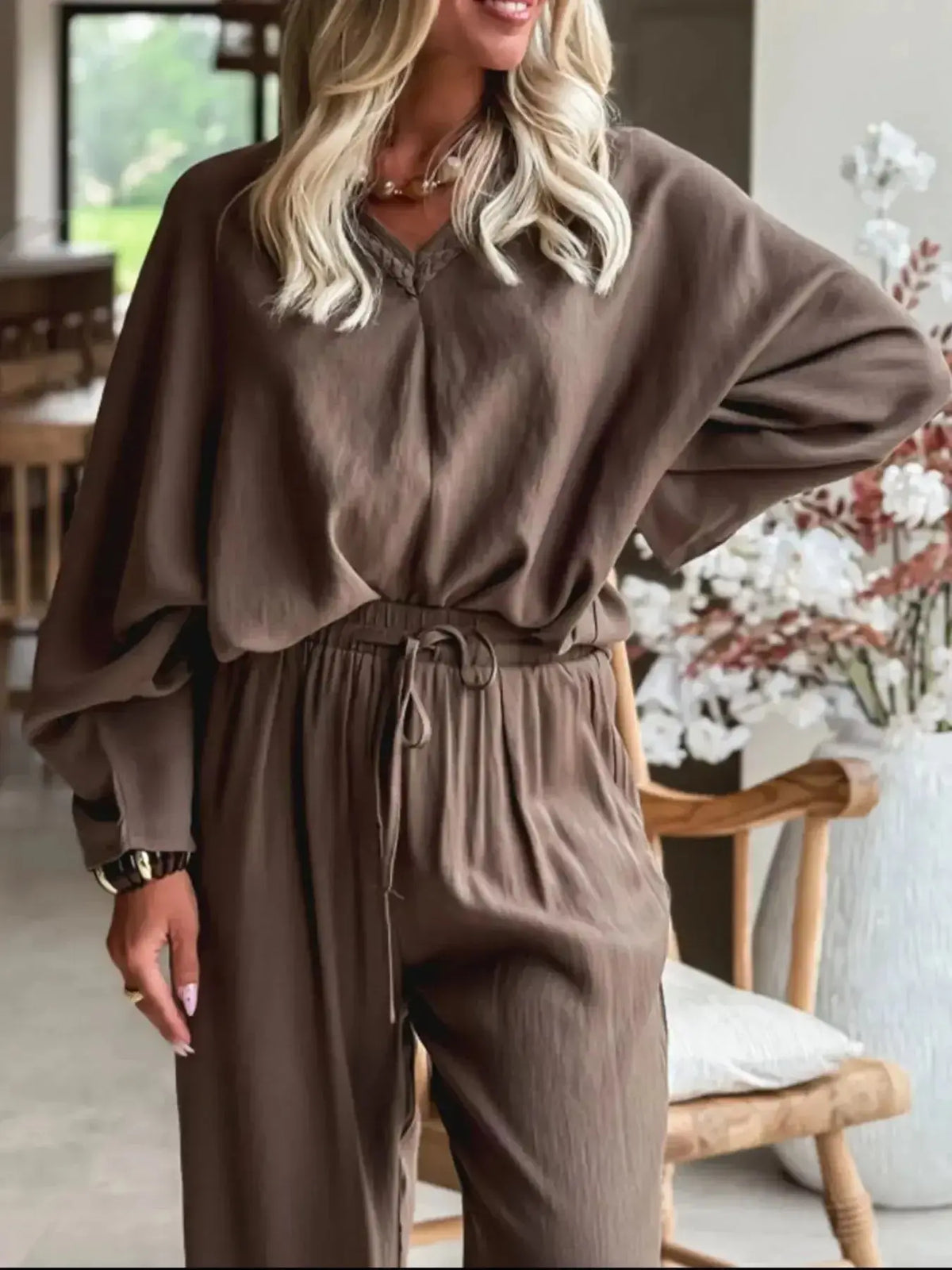 Plush Fashion Hub braided V-neck long sleeve top and high-waist pants lounge set, casual and comfortable for everyday wear.